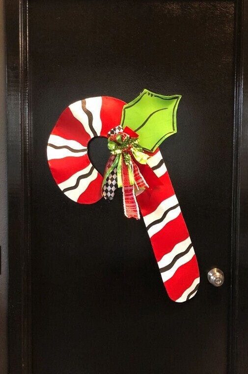 CHRISTMAS DOOR DECOR / Extra Large Screen Wire Whimsical Door Hanger, Red and White Striped Candy Cane with Leaf and Christmas Ribbon Wreath
