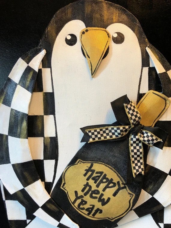 NEW YEAR DECOR / New Years Eve Party Decoration Wreath New Years Eve Party Penguin With Champagne and Black and white Check Ribbon