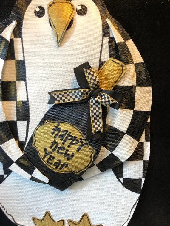 NEW YEAR DECOR / New Years Eve Party Decoration Wreath New Years Eve Party Penguin With Champagne and Black and white Check Ribbon