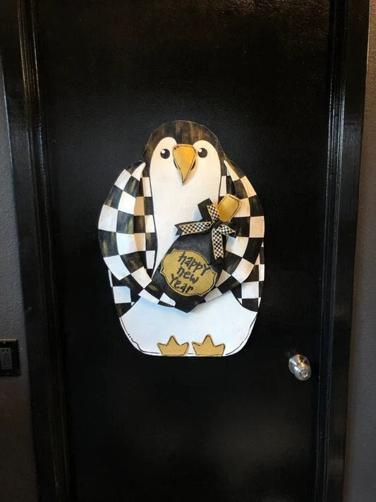 NEW YEAR DECOR / New Years Eve Party Decoration Wreath New Years Eve Party Penguin With Champagne and Black and white Check Ribbon