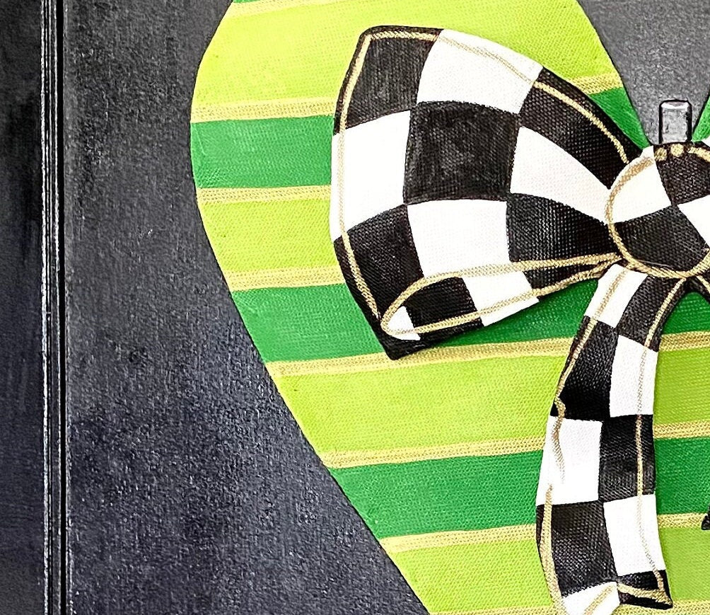 Green Striped St. Patricks Day Heart with Black and White check Bow Door Hanger Wreath