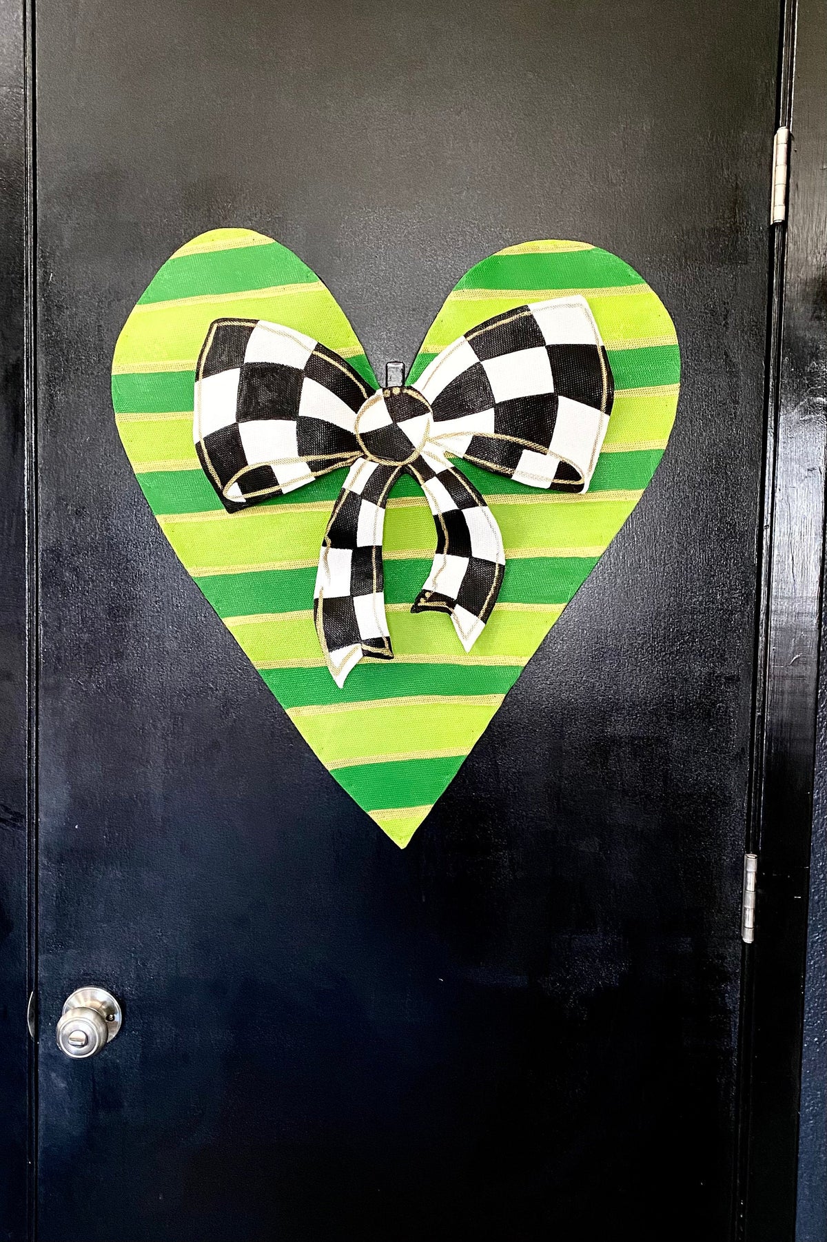 Green Striped St. Patricks Day Heart with Black and White check Bow Door Hanger Wreath