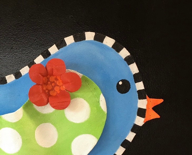 Aluminum Screen Spring or Summer Bright Blue Bird with Red flower and Green White Polka Wing Door Hanger Wreath